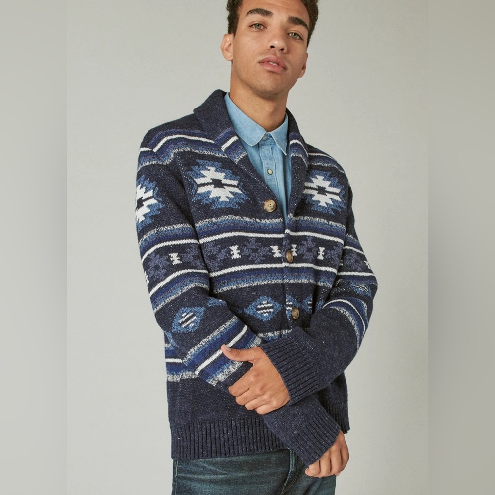 Lucky Brand Men's Dark Blue Geometric Cardigan